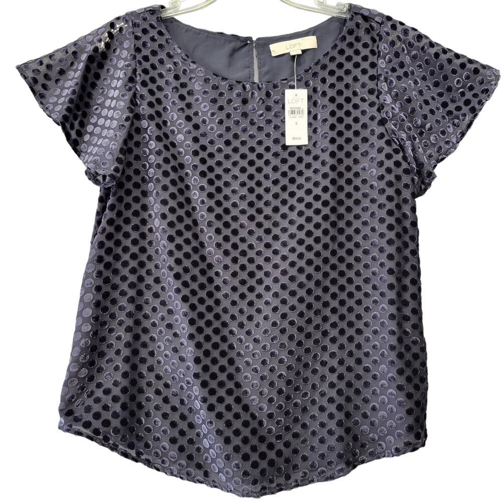 Loft Black Velvety Polka Dot Shirt NEW $59 Short Sleeves Round Neck Womens S Top